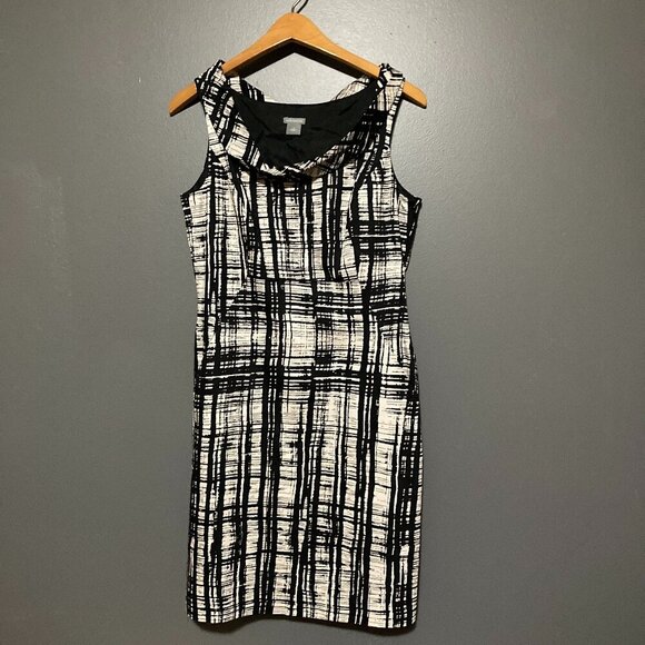 Ann Taylor Womens Size 8 Black White Pattern Sheath Dress Pockets Artsy Business - Picture 1 of 8
